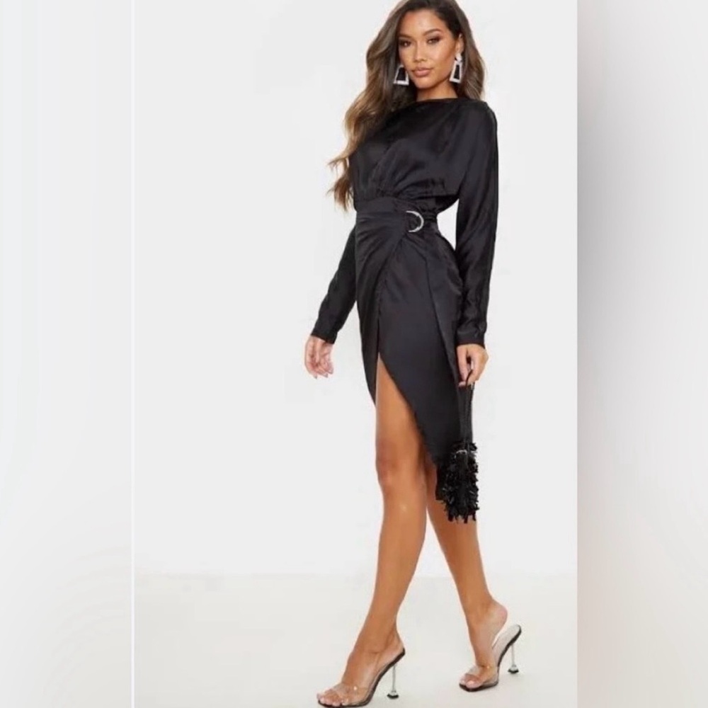 PRETTYLITTLETHING Black Satin Long Sleeve Backless Dress